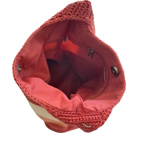 The Sak Crochet Shoulder Bag Pink Orange White Striped Hobo Purse - Picture 8 of 12